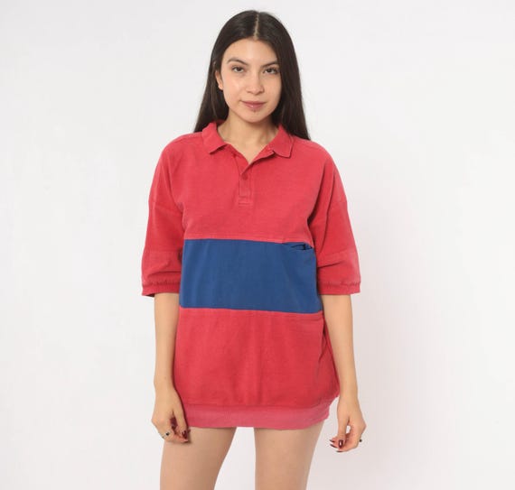 Woolrich Polo Shirt 90s Red Blue Color Block Cotton Rugby Top Collared Button Neck Boxy Relaxed Fit Preppy Collegiate Striped Vintage Medium