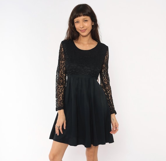 90s Black Sheer Sleeve Lace Dress Pleated Skirt Knee Length Floral Fit Flare Feminine Cocktail Party Evening Grunge Whimsigoth Alt Small S
