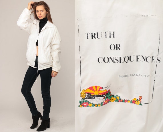 70s Jacket TRUTH OR CONSEQUENCES New Mexico Windbreaker Retro White Graphic Hipster Collar Vintage 1970s Retro Snap Medium
