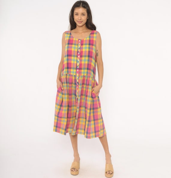 80s Madras Plaid Sundress Button Front Drop Waist Sleeveless Cotton Gathered Skirt Colorful Check Pink Yellow Blue Scoop Neck Frock Large L