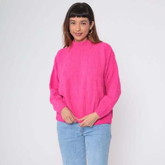 80s Hot Pink Sweater  Mock Neck Pullover Textured Knit Geometric  Acrylic Jumper Chunky Knit Bright Pink Vintage Slouchy Sweater Medium M