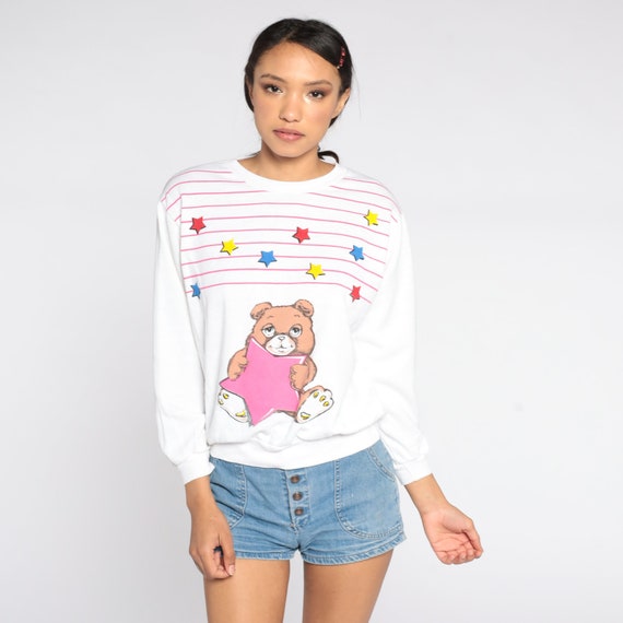 Teddy Bear Shirt 80s Sweatshirt Star Sweatshirt Striped Graphic Kawaii Sweatshirt Vintage 1980s Slouchy Pullover White Pink Medium