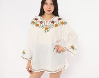 90s Embroidered Bell Sleeve Tunic Floral Blouse White Top Brown Butterfly Keyhole Tie Neck Sheer Peasant Hippie Cottagecore Extra Large XL