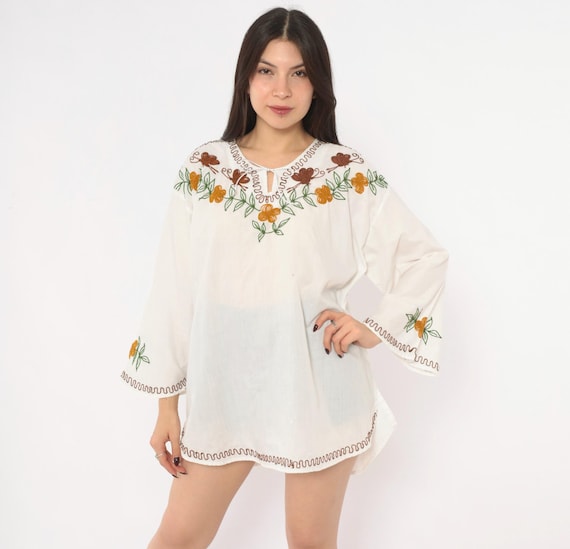 90s Embroidered Bell Sleeve Tunic Floral Blouse White Top Brown Butterfly Keyhole Tie Neck Sheer Peasant Hippie Cottagecore Extra Large XL