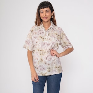 70s Polo Shirt Abstract Print Shirt Lavender Purple Brown Button Up Shirt Boho Top Vintage 1970s Short Sleeve Collared Shirt Men&#39;s Medium