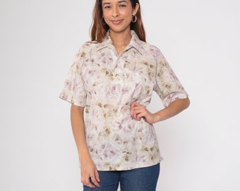 70s Polo Shirt Abstract Print Shirt Lavender Purple Brown Button Up Shirt Boho Top Vintage 1970s Short Sleeve Collared Shirt Men's Medium