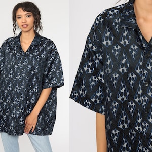 Y2K Flames Shirt 00s Button Up Shirt Blue Short Sleeve Top Raver Flaming Shirt 2000s Vintage Fire Men&#39;s Extra Large xl