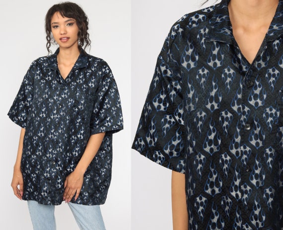 Y2K Flames Shirt 00s Button Up Shirt Blue Short Sleeve Top Raver Flaming Shirt 2000s Vintage Fire Men's Extra Large xl