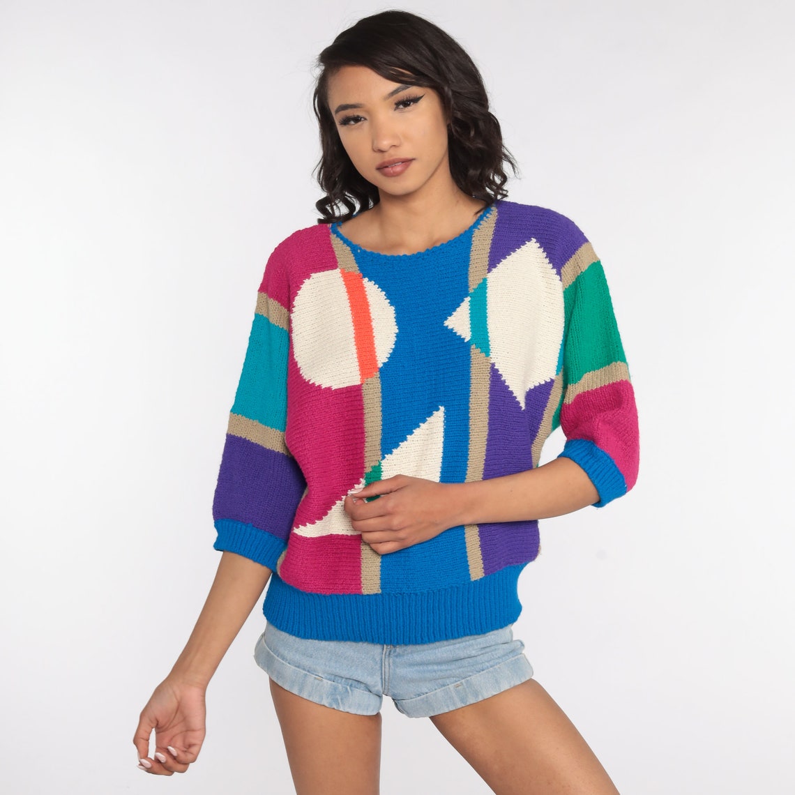 Geometric Sweater 80s Short Sleeve Sweater Geometric Retro Top Etsy