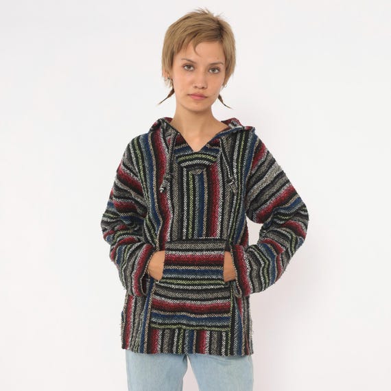90s Baja Hoodie Drug Rug Black Rainbow Striped Mexican Pullover Cotton Blend Woven Hooded Sweatshirt Kangaroo Pocket V Neck Vintage Large L
