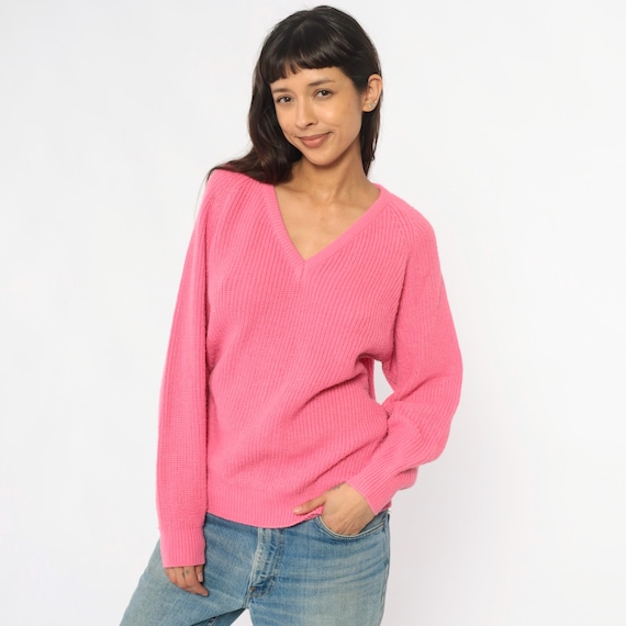 90s Pink Sweater V Neck Ribbed Knit Pullover Jumper Light Academia Minimalist Clean Girl Aesthetic Vintage Long Sleeve Relaxed Fit Large L