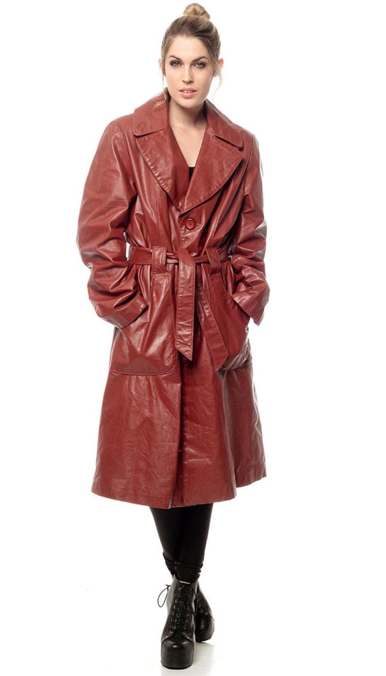 Vegan Leather Coat 70s Long Brown Trenchcoat Hippie Trench | Etsy