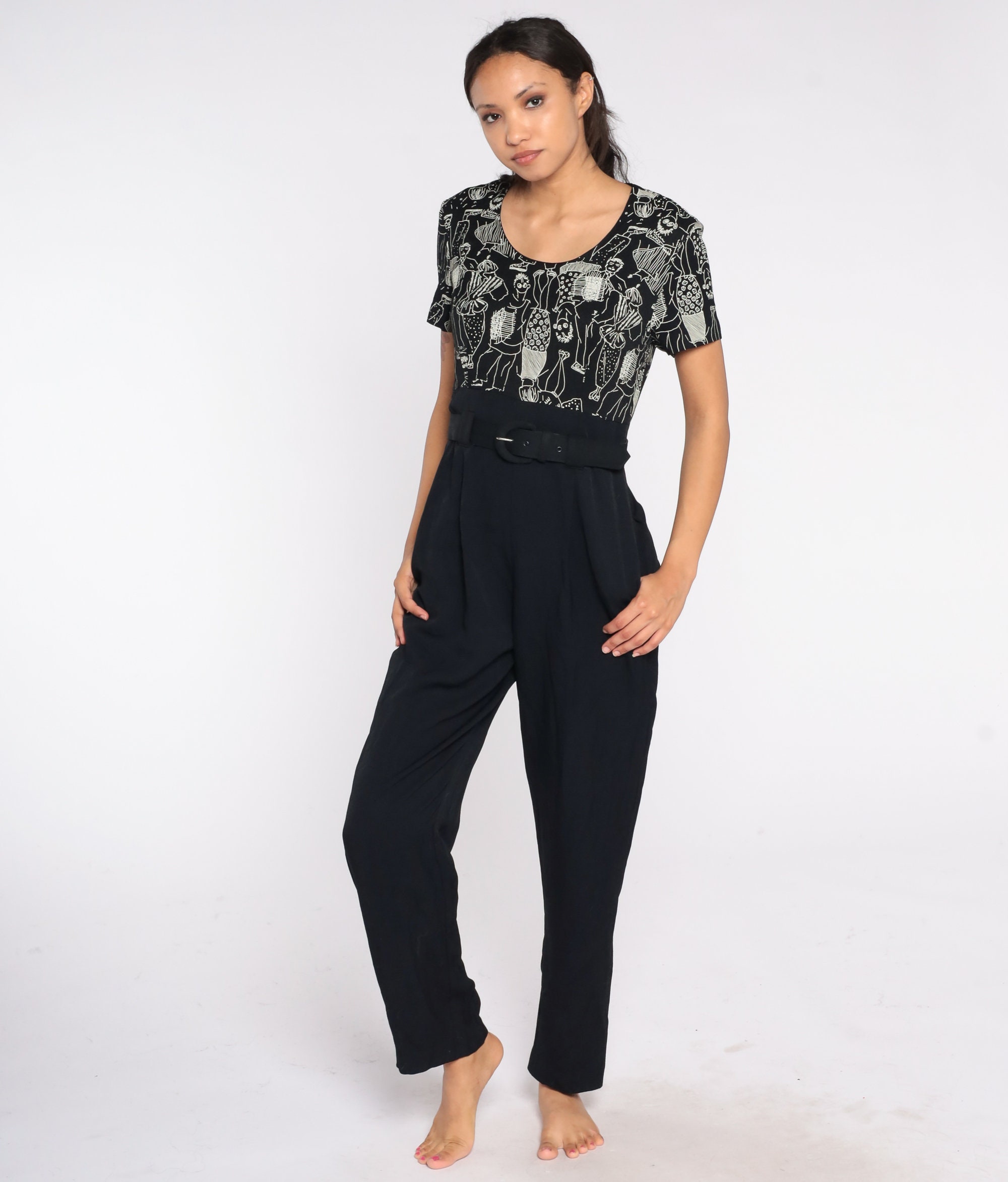 90s Jumpsuit Black Illustrated People Print Pantsuit Retro Hipster Boho ...