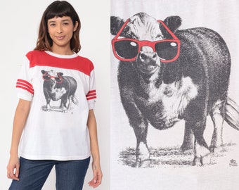 Cow Ringer Tee Shirt 80s Cool Sunglasses Farm Animal Tshirt Striped White Red Shirt 1980s Vintage T Shirt Graphic Single Stitch Medium Large