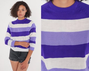 Striped Sweater Top 70s Knit Shirt Purple Lavender White Raglan Sleeve Seventies Blouse Retro Basic Vintage 1970s Acrylic Small XS S