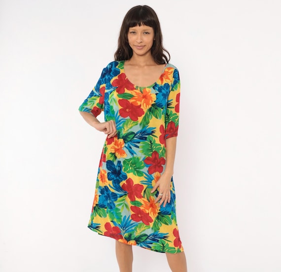 90s Tropical Hibiscus Dress Slinky Brand Floral Scoop Neck Half Sleeve Hawaiian Colorful Flower Leaf Navy Green Red Orange Plus Size 2X