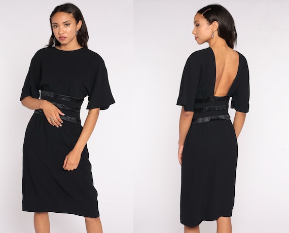 Black Party Dress -- 80s Low Back Dress Flutter Sleeve Wiggle Dress Backless Midi Shift Sheath Cocktail Vintage Pencil Small S