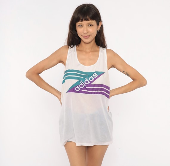 Distressed 90s Adidas Tank Top White Teal Purple Mesh Athletic Sleeveless Jersey Sporty Streetwear Colorblock Summer Workout Extra Large XL