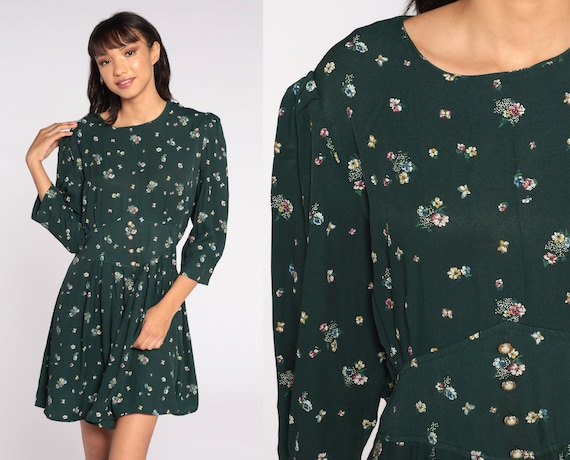 80s Floral Dress Dark Green Mini Dress Boho PUFF SLEEVE Dress Vintage 1980s High Waisted Bohemian Medium