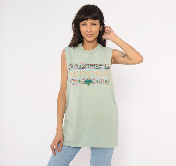 Sedona Arizona Tank 90s Souvenir Tee Sage Green Cotton Graphic Nature Tree Mountain Cut Off Muscle Shirt Tourism Vintage Extra Large XL