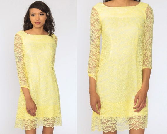 Mod Lace Dress 60s Mini Yellow Party Cocktail 196… - image 1