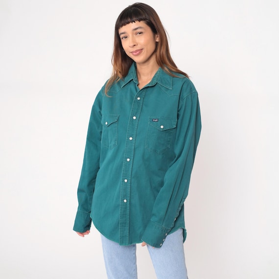 Wrangler Pearl Snap Western Shirt 90s Teal Green Cotton Button Up Chest Pockets Vintage Cowboy Ranch Work Wear Rodeo Grunge Extra Large XL