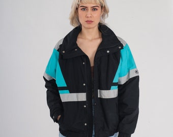 80s Ski Jacket Thinsulate Puffer Jacket Black Blue Color Block Puffy Snap Zip Up Coat Plain Basic Winter Skiwear Puff 1980s Vintage Large L