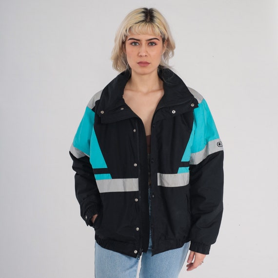 80s Ski Jacket Thinsulate Puffer Jacket Black Blue Color Block Puffy Snap Zip Up Coat Plain Basic Winter Skiwear Puff 1980s Vintage Large L