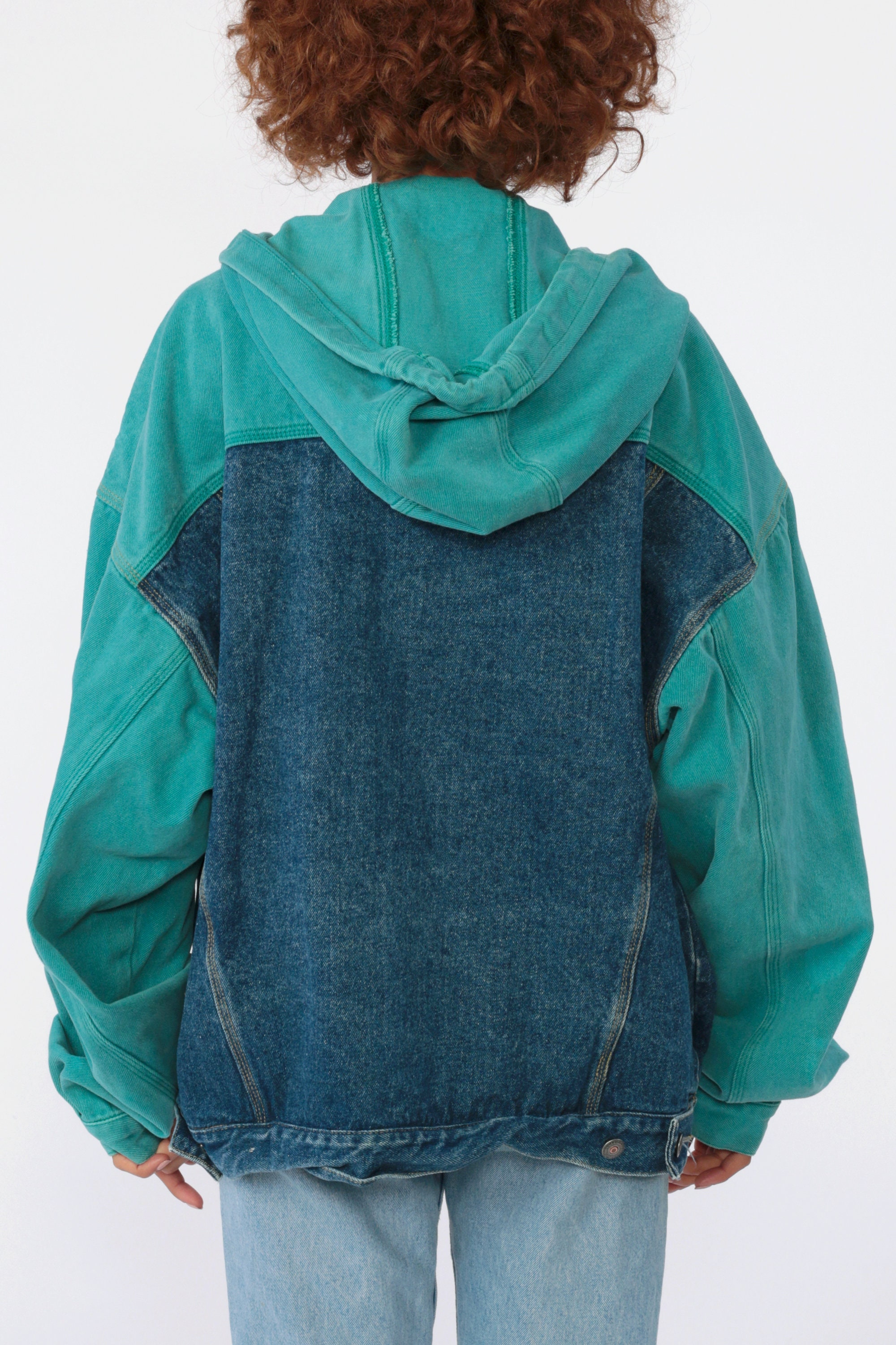 Hooded Jean Jacket Denim Jacket Color Block Grunge Jacket 90s Sweatshirt Hood Jean Hoodie Teal