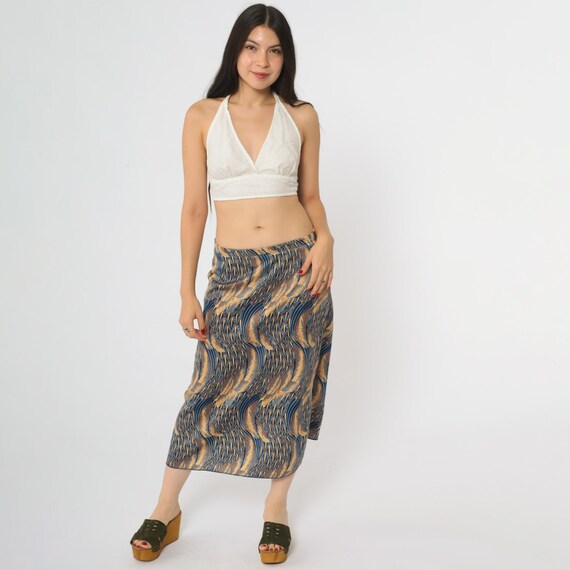 70s Psychedelic Skirt Abstract Midi Vintage Blue Gold Swirl Pattern Elastic Waist Hippie Groovy Flowing Artistic Festival Perfect Medium M