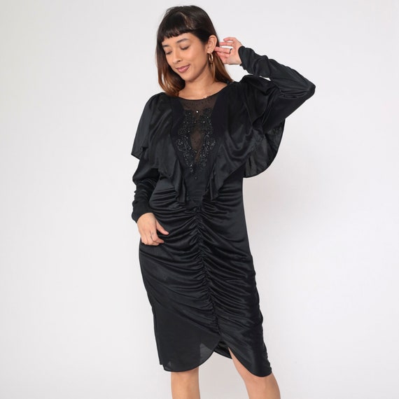 80s Black Party Dress Beaded Sheer Neckline Dress Backless Cape Sleeve Ruched Bodycon Going Out Midi Evening Cocktail Vintage 1980s Medium 8