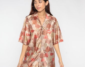 Patchwork Paisley Shirt 70s Hippie Psychedelic Zip Up Shirt Short Sleeve Hippie Top Collar Boho Groovy Vintage 1970s Retro Bohemian Large