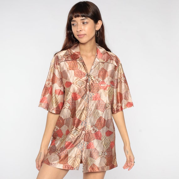 Patchwork Paisley Shirt 70s Hippie Psychedelic Zip Up Shirt Short Sleeve Hippie Top Collar Boho Groovy Vintage 1970s Retro Bohemian Large