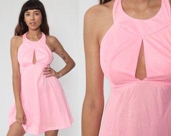 Halter Neck Dress 70s Mini Pink Keyhole Dress Open Back Empire Waist Hippie Boho Babydoll Cutout Vintage Minidress Summer Extra Small xs