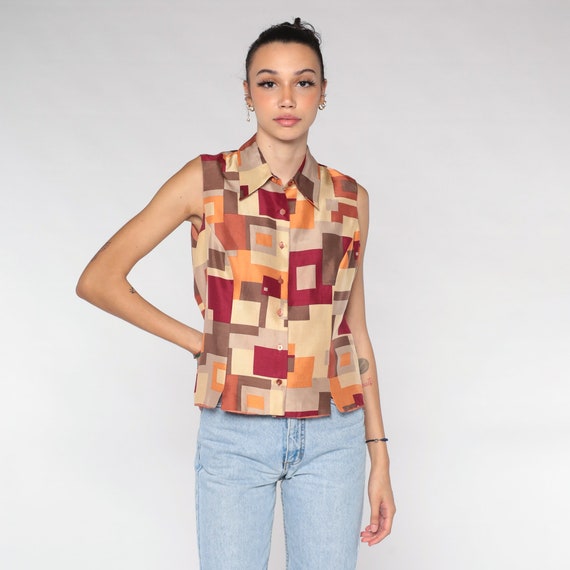 Silk Tank Top Y2K Sleeveless Blouse Retro Button up Shirt Geometric Square Print Groovy Pattern Brown Red Orange Hippie Vintage 00s Medium M