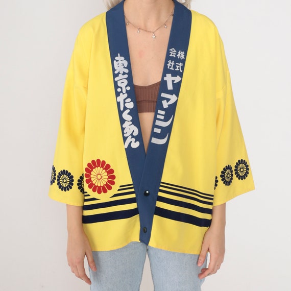Japanese Kimono Top 90s Yellow Robe Jacket Floral… - image 8