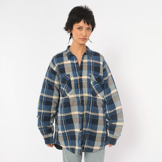 90s Quilted Flannel Shirt Jacket Cobalt Blue Plaid Cotton Long Sleeve Lined Chest Pocket Grunge Work Wear Check Shacket Mens Large L