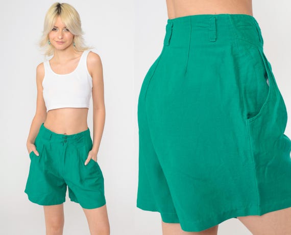 90s Pleated Trouser Shorts Green Cotton Preppy Shorts High Waisted Retro Trouser Bottoms High Waist Vintage Mom 1990s Small