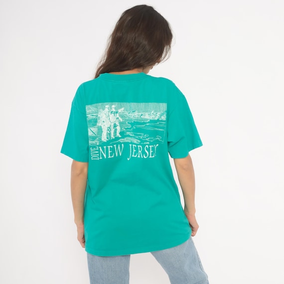 90s Scuba T-shirt Dive New Jersey Teal Green Beach Shore Ocean Cotton Aqua Turquoise Surf Vintage Beach Vacation Memorabilia Extra Large XL