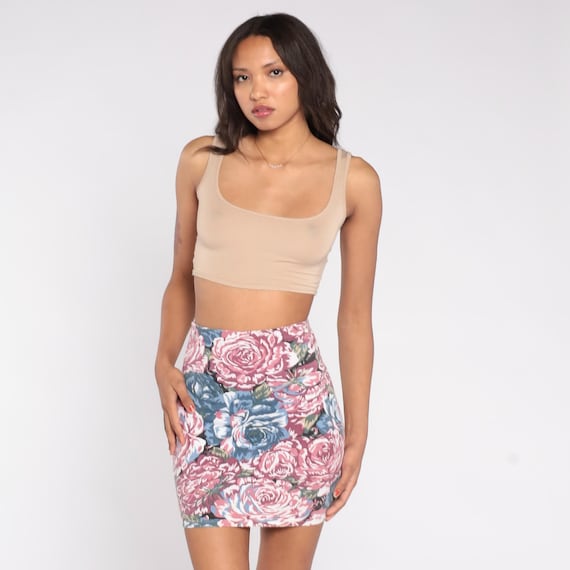Floral Mini Skirt 90s Rose Print Pink Blue Express Bodycon Stretchy Vintage Fitted Tight High Waist Y2K Club Party Grunge Romantic Small S