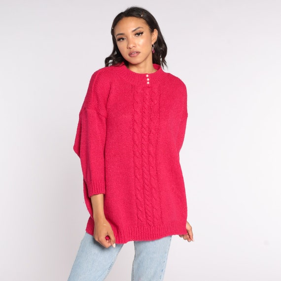 Hot Pink Cable Knit Sweater 80s Slouchy Knit Boho Pullover Cableknit 1980s Jumper Acrylic Cozy Vintage Pearl Button Extra Large xl 2xl xxl