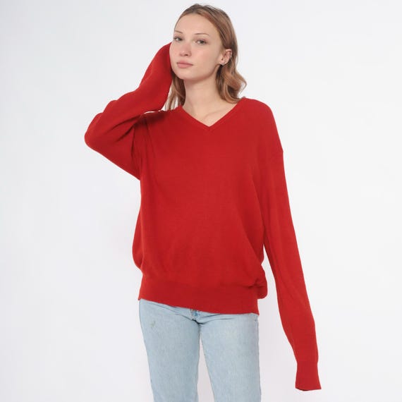 90s Red Sweater V Neck Pullover Tomato Minimalist Long Sleeve Knit Slouchy Cozy Soft Warm Vintage Clean Girl Fall Valentines Day Large L