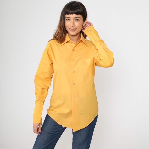 70s Yellow Oxford Shirt Vintage Men's Dagger Collar Shirt Long Sleeve Disco Shirt Retro Button Up Top Collared Plain 1970s 14-32 Small