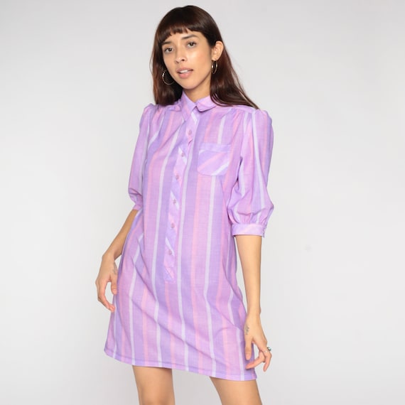 80s Striped Mini Dress Vintage Purple Pink Button Up Puff Sleeve Retro Girly Boho Secretary Pastel Shirtdress Day Minidress 1980s Small