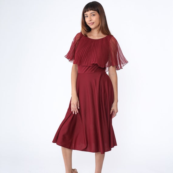 70s Party Dress Burgundy Chiffon Capelet Dress 1970s Grecian High Waist Boho Midi Drape Gown Cape Formal Bohemian Cocktail Medium
