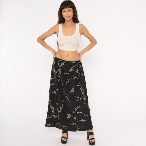 90s Cherry Blossom Maxi Skirt Black Tan Floral Elastic Waist Dark Cottagecore Japanese Branch Print Flowing Long Vintage Extra Large XL