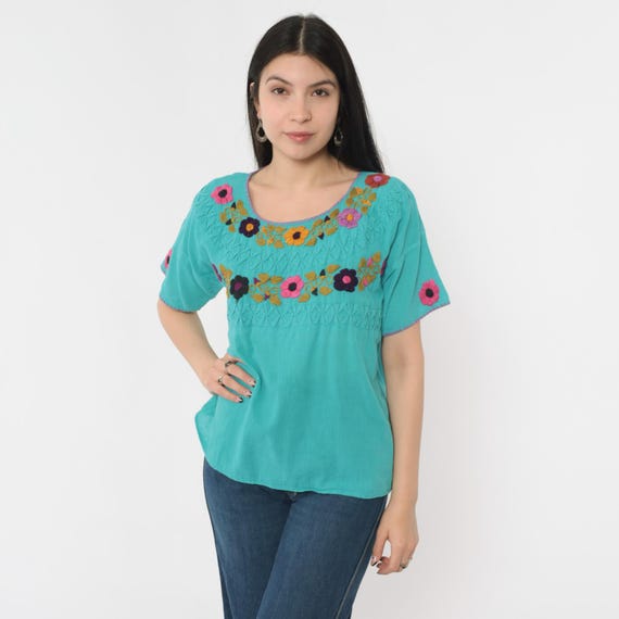 Turquoise Mexican Floral Blouse 90s Embroidered Top Colorful Flower Peasant Hippie Short Sleeve Tent Shirt Boho Vintage 1990s Medium M