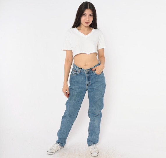 Calvin Klein High Waist Jeans 90s CK Straight Leg Denim Mom Pants Medium Wash Blue Vintage Trousers Tapered Slim Fit Casual Bottoms Small S