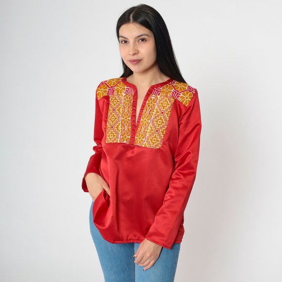 70s Embroidered Tunic Top Red Satin Blouse Boho Hippie Shirt Vintage Bohemian Bib 1970s Slit V Neck Long Sleeve Small