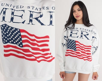 USA Sweatshirt Y2K United States of America Sweatshirt American Flag Graphic Shirt Pullover Crewneck Sweater White Vintage 00s Mens Large L